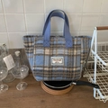 Borsa tote in lana a quadri blu e marroni con spalline in tessuto e trama in tweed - Blu - Senza Ciondolo