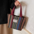 Ethnic bohemian tote bag with colorful geometric woven patterns and a top handle - Open Top / Burgundy / Small