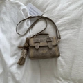 Retro khaki crossbody bag with yellow contrast stitching and brown rabbit charm - Brown with Rabbit Pendant