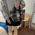 Retro blue and beige plaid wool tote bag with soft handles for casual daily commuting - Navy Blue Without Charm