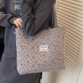 Gray corduroy tote bag with bow and heart prints and double webbing handles - Zipper Style / Gray / Large