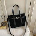 Black woven tote bag with silver square buckle and adjustable shoulder strap for work - Black
