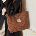 Brown corduroy tote bag with heart and bow patterns and a rectangular logo patch - Zipper Style / Brown / Large