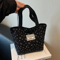 Black corduroy tote bag with white bow pattern and canvas handle for daily commute - Small Open Style / Black