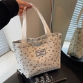 Light gray corduroy tote bag with brown heart patterns and woven label details - Small Open Style / Off White