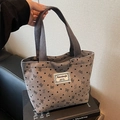 Corduroy tote bag in light grey with black heart and bow prints and top handles - Small Open Style / Gray