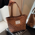 Brown corduroy tote bag featuring heart patterns and premium brand woven label detail - Small Open Style / Brown