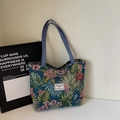 Grande borsa tote in tela blu scuro con motivi floreali tropicali e tracolla blu - Stile Grande con Cerniera / Blu