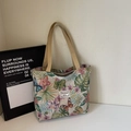 Borsa tote grande in tela con motivi floreali e farfalle in stile jacquard vintage - Stile Grande con Cerniera / Cachi