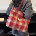 Red plaid tote bag in wool fabric with adjustable straps for autumn winter - Large / No Pendant / Red