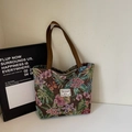 Borsa tote in broccato floreale in stile pittura a olio vintage con manici marroni - Stile Grande con Cerniera / caffè