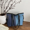 Grote denim shopper met blauw patchwork design en zwarte leren riemen voor vrouwen - Stijl 1 (Donker/Lichtblauw Gespleten)