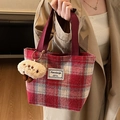 Red plaid tote bag in tweed fabric with a cute plush mushroom charm for women - Small / With Plush Charm / Red