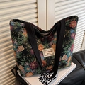 Borsa tote vintage in arazzo floreale capiente con etichetta del marchio Nanxiaojie - Stile Grande con Cerniera / Nero