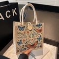 Borsa in lino con stampa a farfalla blu e manici rustici in corda intrecciata - Bianco Sporco