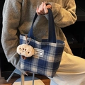 Large capacity checkered tote bag in navy and beige with a cute plush charm - Small / With Plush Charm / Blue
