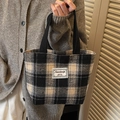 Classic black and white large plaid tote bag with woven label and soft wool texture - Small / No Pendant / Black