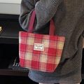 Red and cream plaid tote bag in wool blend fabric with thick red webbing handles - Small / No Pendant / Red
