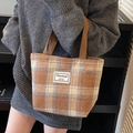 Large checkered tote bag with brown handles and vintage plaid pattern in earthy tones - Small / No Pendant / Brown