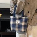 Blue and white plaid canvas tote bag with woven handles and brand label detail - Small / No Pendant / Blue