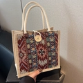 Borsa tote etnica in lino con motivi geometrici colorati e manici in corda di cotone - Borgogna