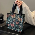 Mini borsa tote in tessuto jacquard vintage a farfalle con manici in fettuccia nera - Piccolo / Nero