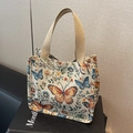 Borsa tote in jacquard con fiori e farfalle e manici in tessuto marrone in forma quadrata - Piccolo / Bianco Sporco
