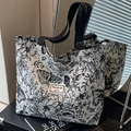 Bolso tote de lona con estampado botánico vintage y correas de tela negra - Negro Grande (Cremallera)