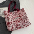 Bolso tote de lona vintage con estampado floral rojo y correas tejidas de hombro - Rojo Grande (Cremallera)