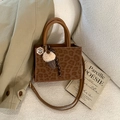Vintage leopard print tote bag with plush charm and adjustable shoulder strap for women - With Charm / Brown