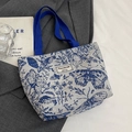 Retro canvas tote bag with blue butterfly print and contrasting handles - Lined No Zipper With Inner Pocket / Small / Blue