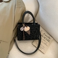 Fashionable black leopard print tote bag with plush charm and leather straps - With Charm / Black