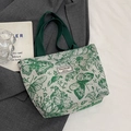 Canvas tote bag in grey and white with green butterfly floral prints and woven straps - Lined No Zipper With Inner Pocket / Small / Green