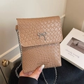 Brown woven crossbody bag featuring a metal bow accent and elegant metal chain strap - Khaki