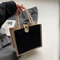 Chic jute tote bag with black floral embossed panel and rustic cotton rope handles - Button Decor Style / Black