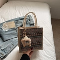 Borsa tote in lino con motivo etnico e portachiavi a mostro in peluche marrone - Stile Cerniera Cachi Con Ciondolo Elfo Cachi
