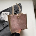 Pink floral jacquard woven handbag with white rope handles and wooden button accent - Button Decor Style / Pink
