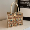 Jute-Tragetasche mit Ethno-Geometrie-Muster, Holzknopf und orangen Akzenten - Khaki (Ohne Anhänger)