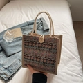 Linen tote bag with geometric patterns, wooden button, and cotton rope handles - Khaki Button Style