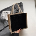 Floral embossed jute tote bag with black texture panel and cotton rope handles - Black Zipper Style