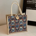 Schicke Leinen-Tragetasche mit geometrischem Muster und Vintage-Holzknopfverschluss - Blau Ohne Anhänger