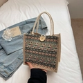 Ethnic knit tote bag in beige canvas with colorful geometric patterns and wood button - Green Button Style