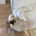 Chic beige faux shearling crossbody bag with a cute teddy bear charm on fabric strap - Off-white With Bear Plush Charm