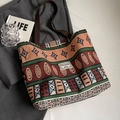 Borsa a secchiello in jacquard etnico con motivi geometrici e manici in cotone - Marrone Grande Con Fodera Cerniera Senza Tasca Interna