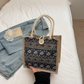 Ethnic bohemian linen tote bag with blue diamond pattern and large wooden button closure - Blue With Button