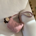Pink lamb wool crossbody bag with a teddy bear pendant and wide fabric strap - Pink With Bear Plush Charm