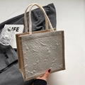 French vintage linen tote bag with cream floral jacquard and woven hemp handles - Off-White Zipper Style