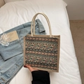 Linen tote bag with colorful geometric patterns and white braided cotton rope handles - Green Zipper Style