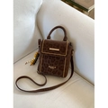 Minimalist brown leopard print handbag with gold rivets and wooden bead charm accessory - Coffee With Bead Charm