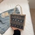 Ethnic style canvas tote bag with geometric patterns and white rope handles - Blue Zipper Style